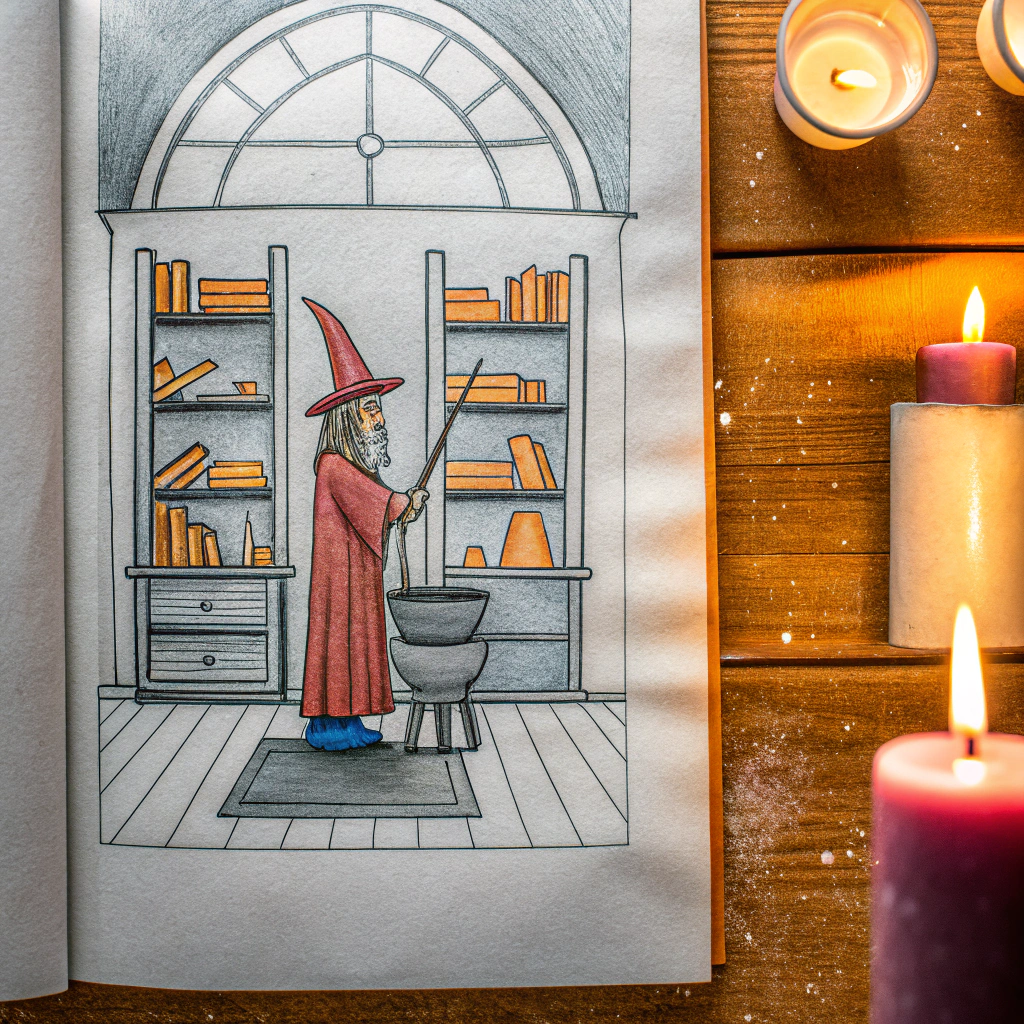 AI generated image by FLUX.1-schnell: Merlin mixing a potion in a candle lit room
