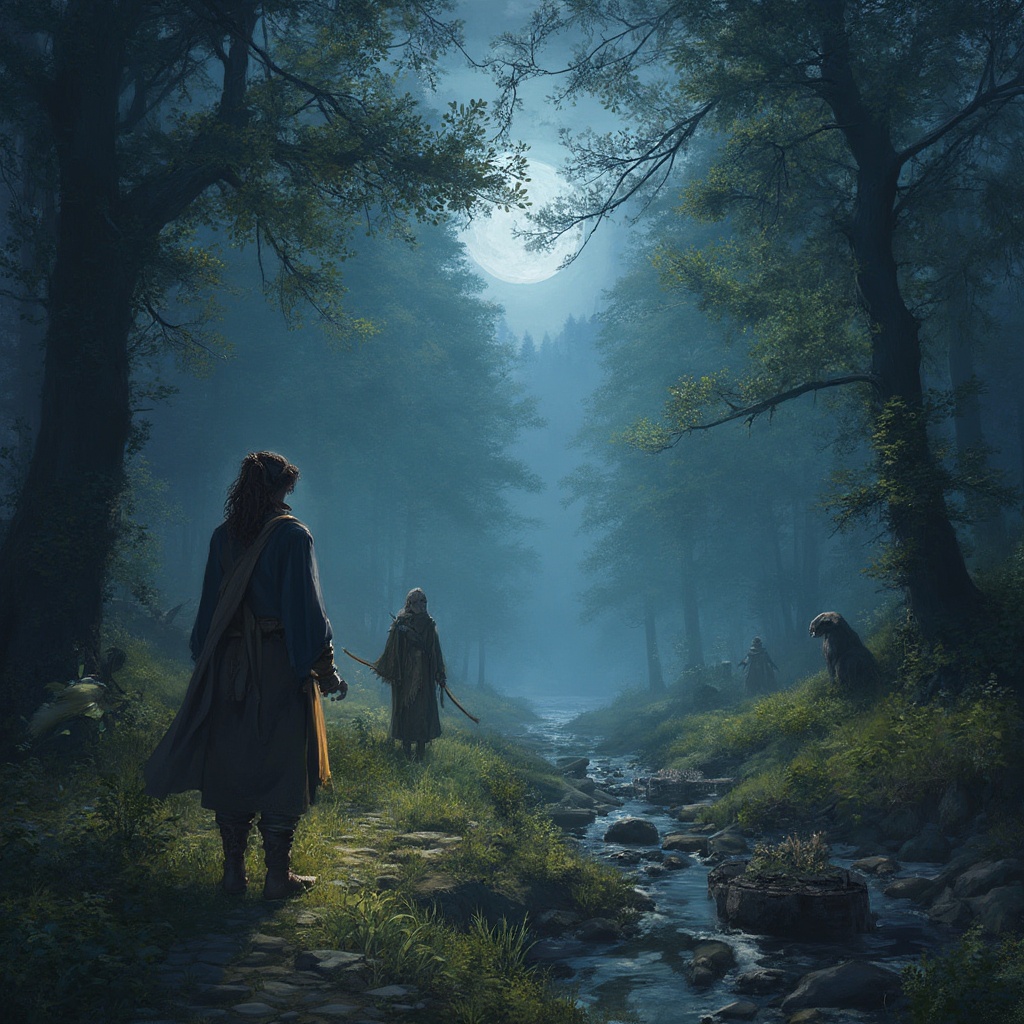 AI generated image by FLUX-Realism-Lora: The NeverWinter woods at twilight. With a sampling of animals and creatures found there. Along with a 50 year old male ranger and a young female elf druid. 