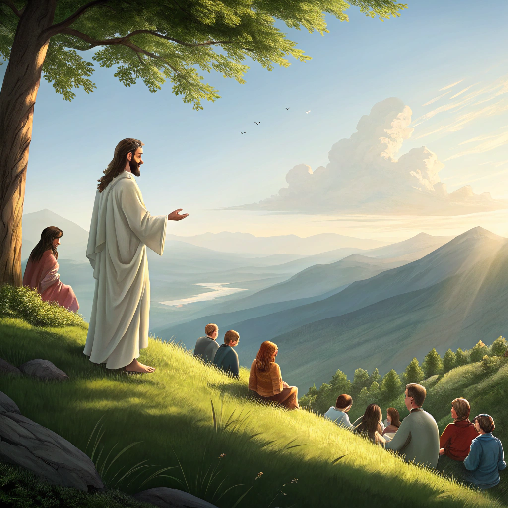 AI generated image by Red Panda AI: "Create a serene and inspiring image of Jesus delivering the Sermon on the Mount. The scene is set on a lush, green hillside overlooking a vast, tranquil landscape. Jesus is depicted as a compassionate figure, with long, flowing brown hair and a beard, wearing simple, white robes with a soft, natural light illuminating his face. He is standing in front of a diverse group of people, listening attentively. The crowd consists of men, women, and children, some sitting on the grass, others standing, all with expressions of awe and reverence. The background features distant mountains, a clear blue sky, and soft sunlight filtering through the clouds. The atmosphere is peaceful, with a sense of divine presence, and the scene evokes a feeling of spiritual calm and inspiration