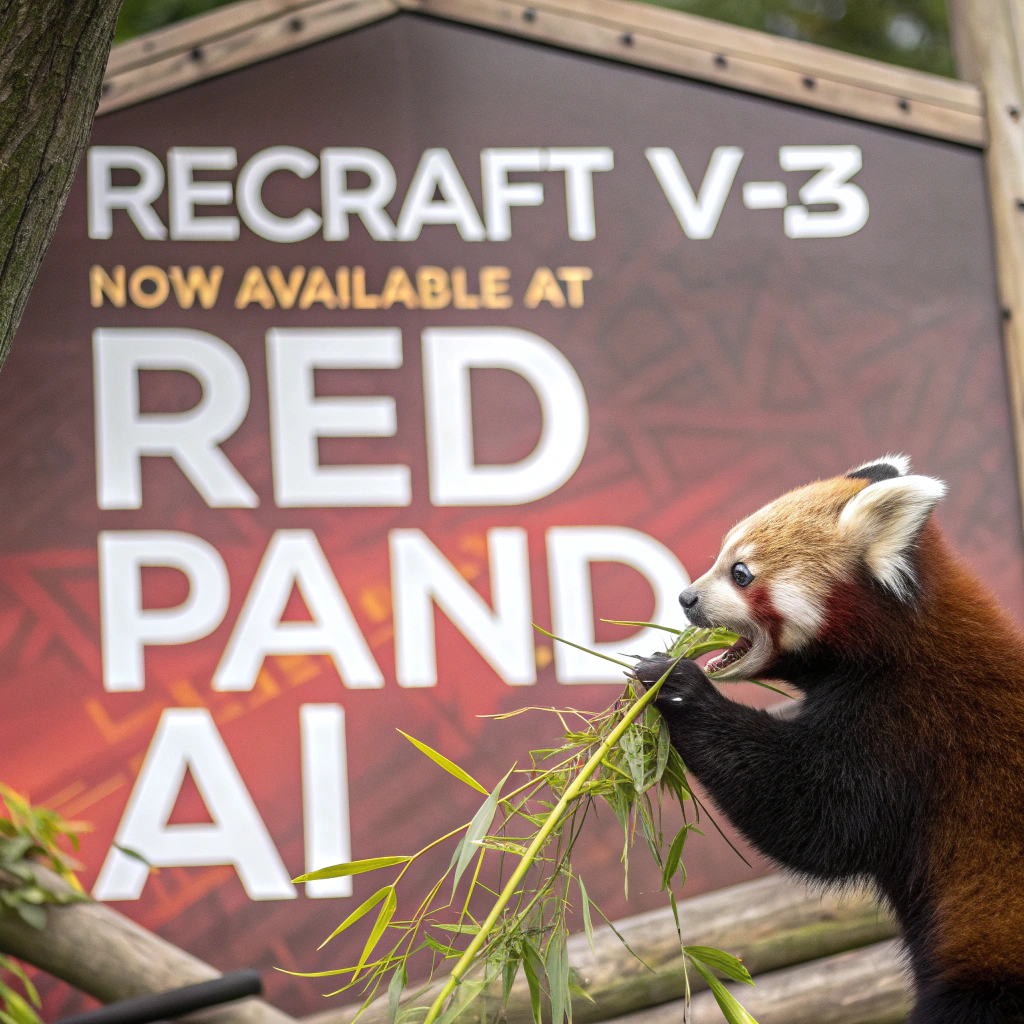 AI generated image by FLUX.1-schnell: a red panda eating a bamboo in front of a poster that says "recraft V3 now available at red panda ai
