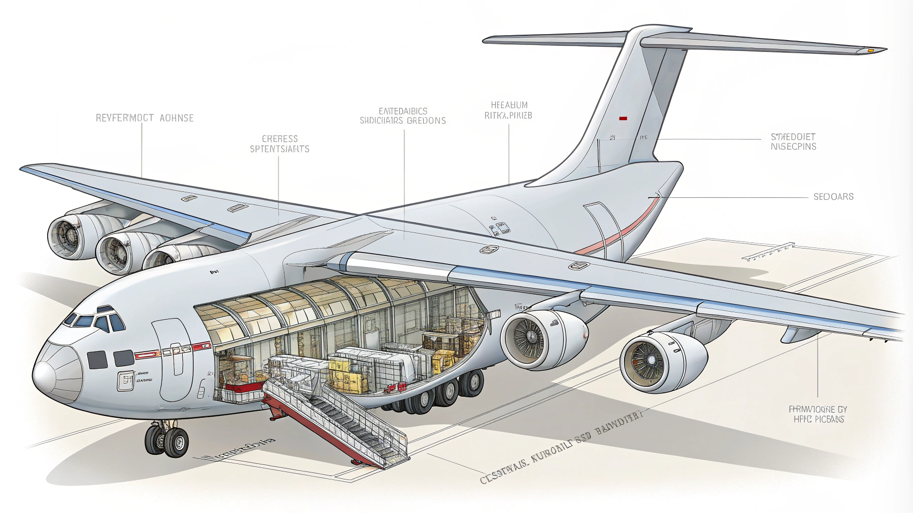 AI generated image by Red Panda AI: Erzeuge eine Schnittansicht eines typischen Frachtflugzeugs. schematisch, vereinfacht, ohne Beschriftungen