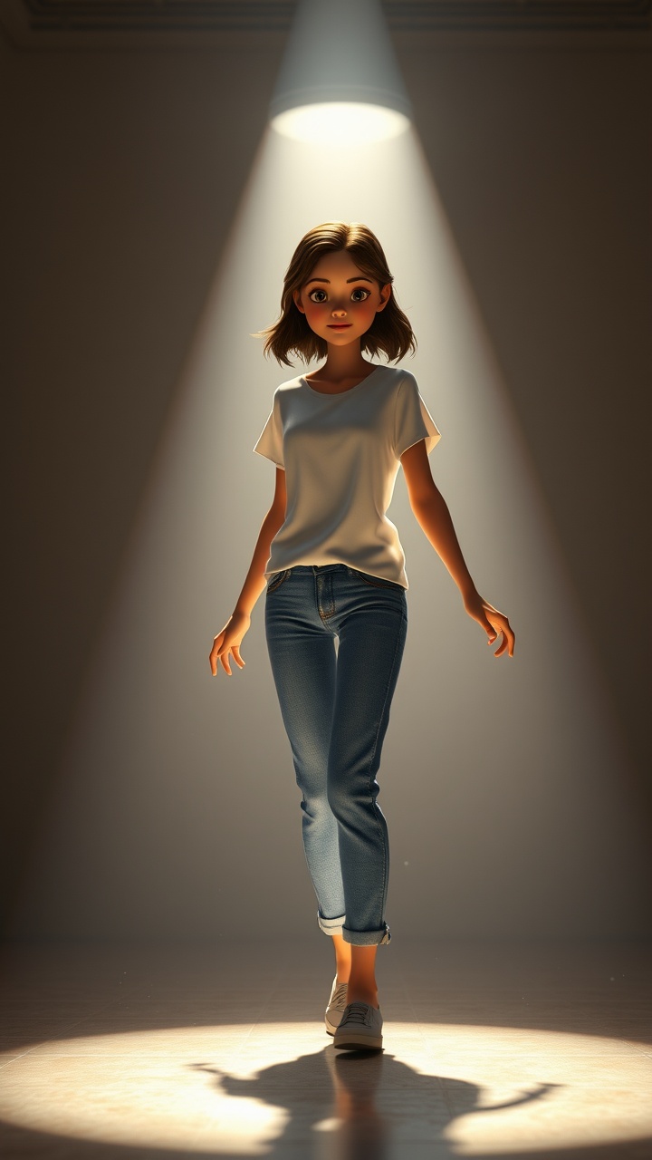 AI generated image by FLUX.1-schnell: 3D Pixar-style cinematic animation of a young woman (same design as the adult protagonist) spinning slowly alone under a magical spotlight in an empty hall. Her casual white t-shirt and jeans subtly shift colors as if absorbing light (symbolic transition). Dreamlike soft-focus background, emotional and poetic atmosphere, subtle floating particles.