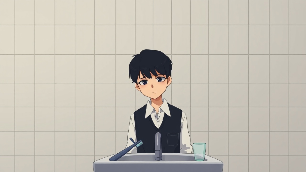 AI generated image by FLUX.1-schnell: Omocat's omori game artstyle, The image depicts a young person standing behind a bathroom sink, their expression somber. Their dark hair is neatly styled, and they are dressed in a white shirt with a dark vest. The tiled walls behind them are plain and featureless, creating a sense of isolation. The only other elements in the scene are a toothbrush and a glass on the counter, suggesting a routine that the individual may find difficult to engage in. The overall mood of the image is melancholic, hinting at a sense of loneliness or sadness. The subdued colors and minimalist composition further contribute to the somber atmosphere.  The image leaves room for interpretation, inviting viewers to consider the inner thoughts and feelings of the subject.