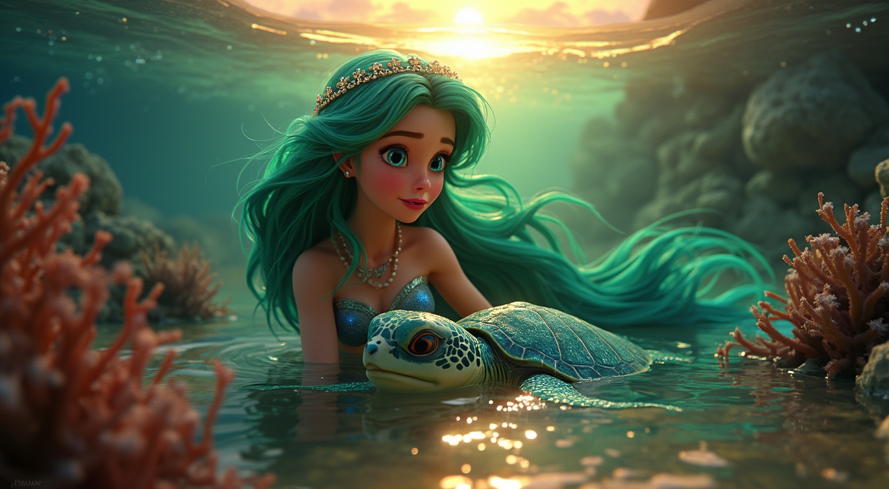 AI generated image by FLUX.1-pro: Princess Coralia	A young mermaid princess with shimmering turquoise scales and long, seaweed-green hair. She wears a delicate circlet of bioluminescent pearls. Her coral-pink lips and bright, curious eyes give her an air of adventure and kindness. Coralia gently cradles the baby turtle and follows faint scent trails, swimming through winding coral pathways. The water shimmers with golden light as the sun sets. (Soft, Emotional Rescue Scene) Disney Pixar Style