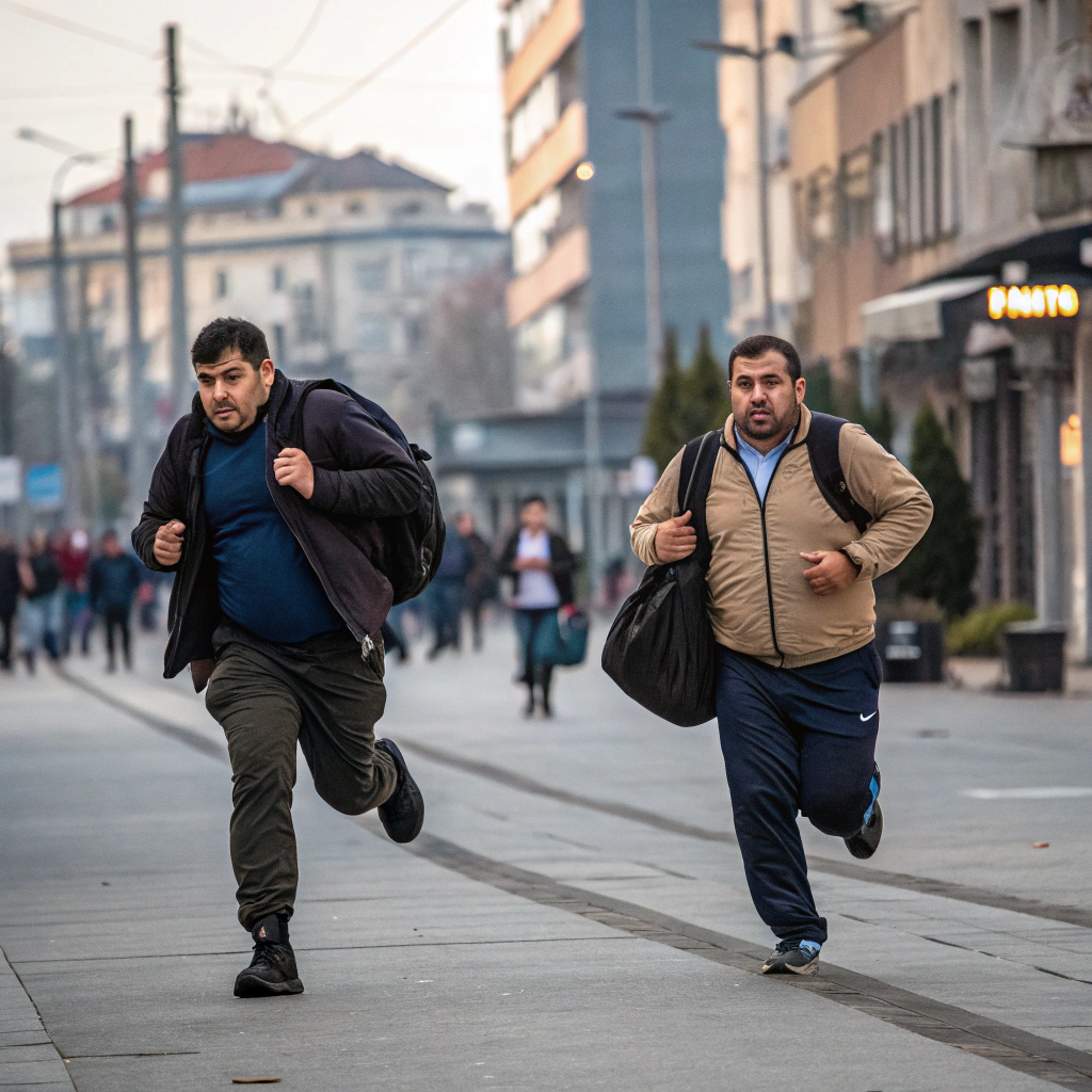 AI generated image by Red Panda AI: men in 22, high178cm and 101kg hurry to collage in sity Nis in Serbia