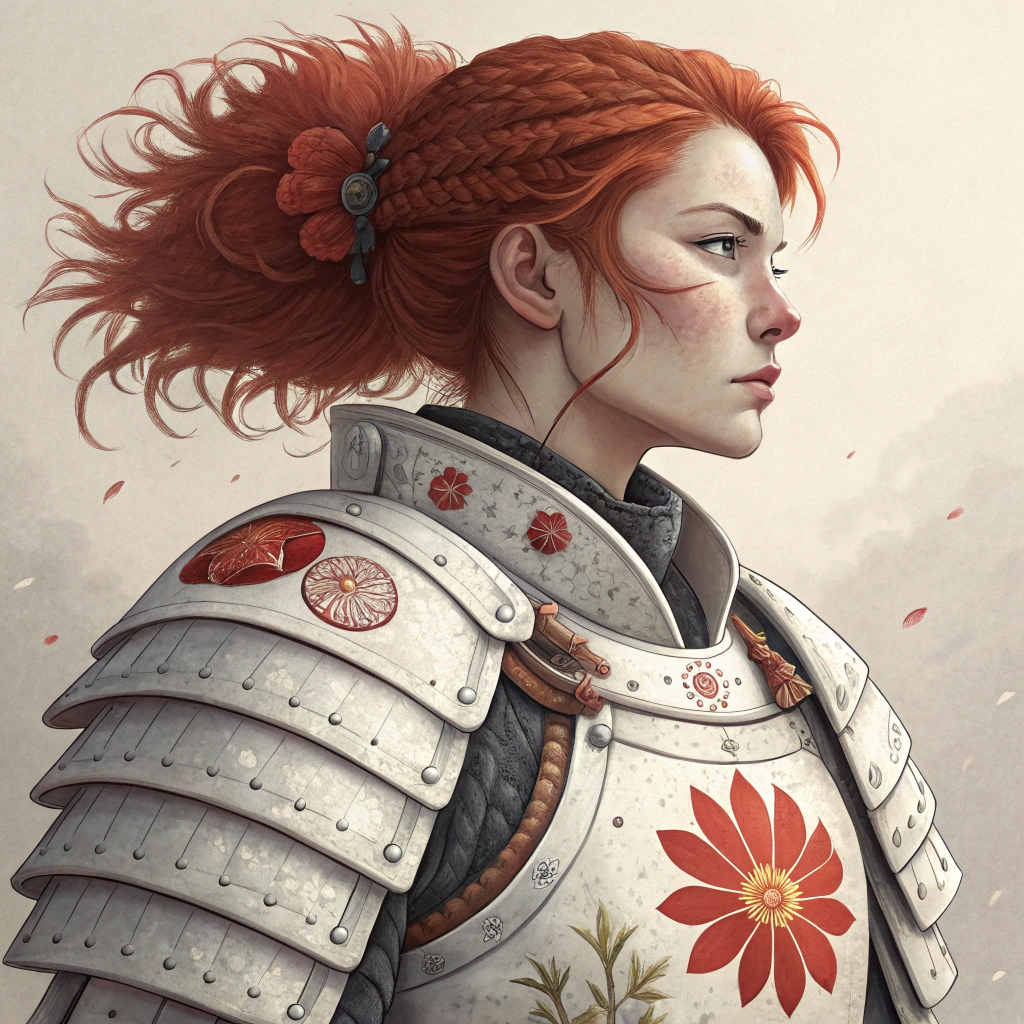 AI generated image by Red Panda AI: A red haired samourai woman in a heavy whitesamourai armor, with a ceow on the fron as  embelm