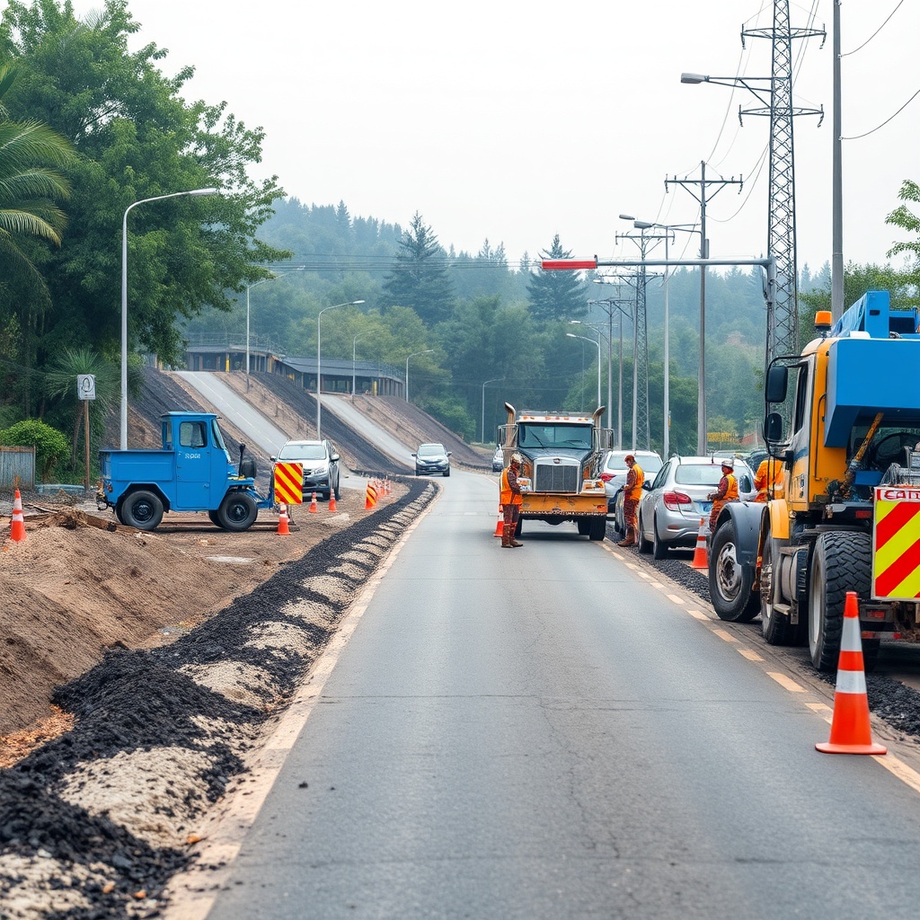 AI generated image by FLUX.1-schnell: road construction with blue equipments