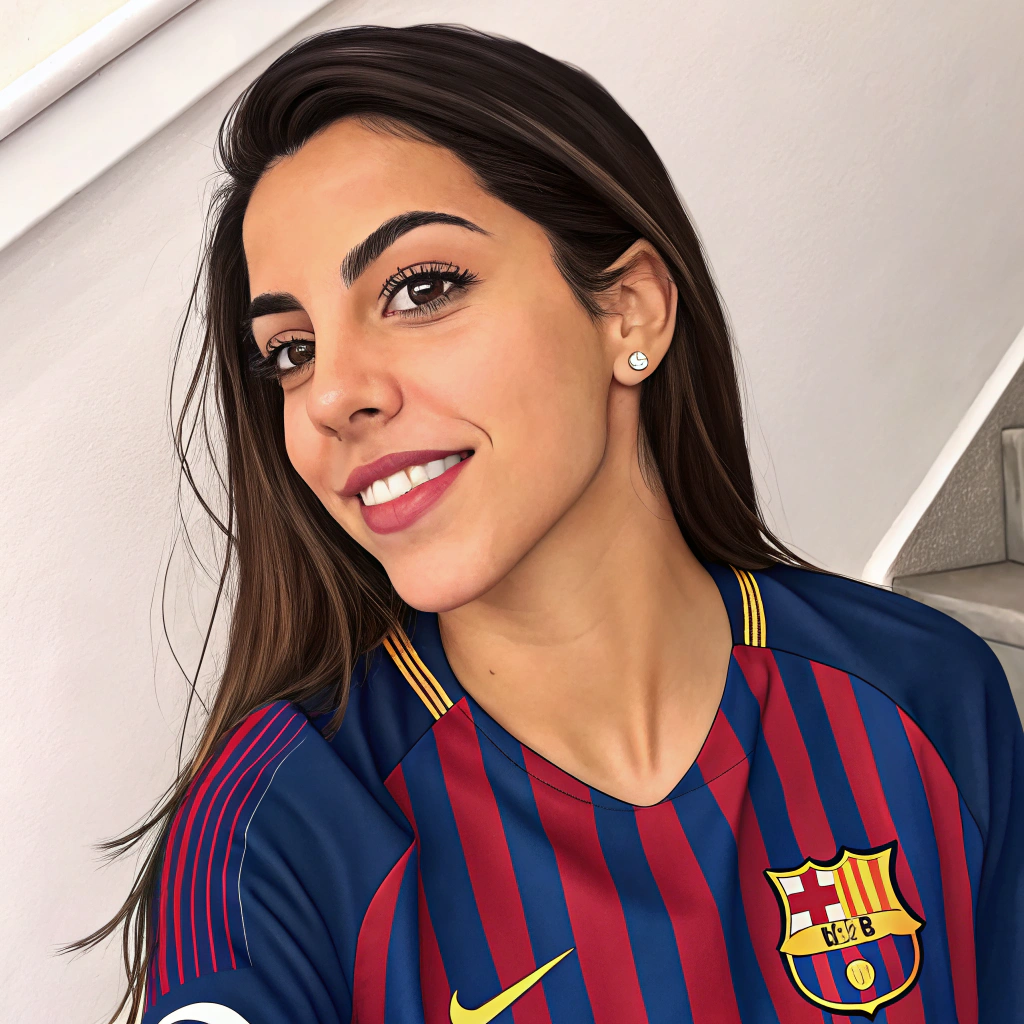 AI generated image by Red Panda AI: Crea una imagen de una mujer con la cara de georgina rodriguez con senos grandes y con la camiseta del FC Barcelona de la temporada 2018/19