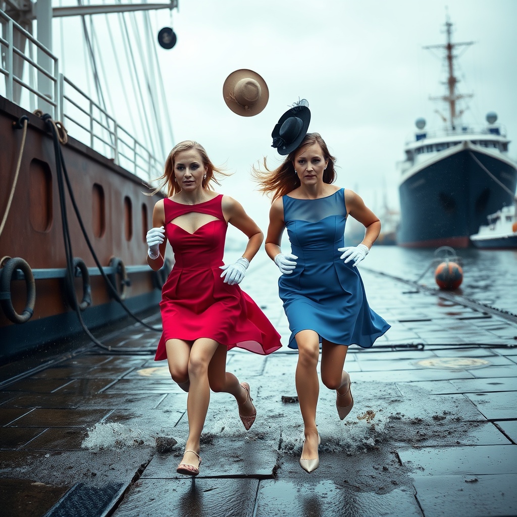 AI generated image by FLUX.1-schnell: Two posh female wedding guests are running sad and scared in a dangerous port wearing coloured posh mini dresses and silky gloves. Descending to the ground, two posh hats are blowing off their heads behind in the background.
