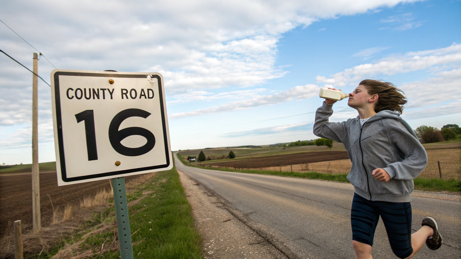 AI generated image by Red Panda AI: a teenager running down a county road in Nebraska drinking a gallon of milk.  A sign says "County Road 16"