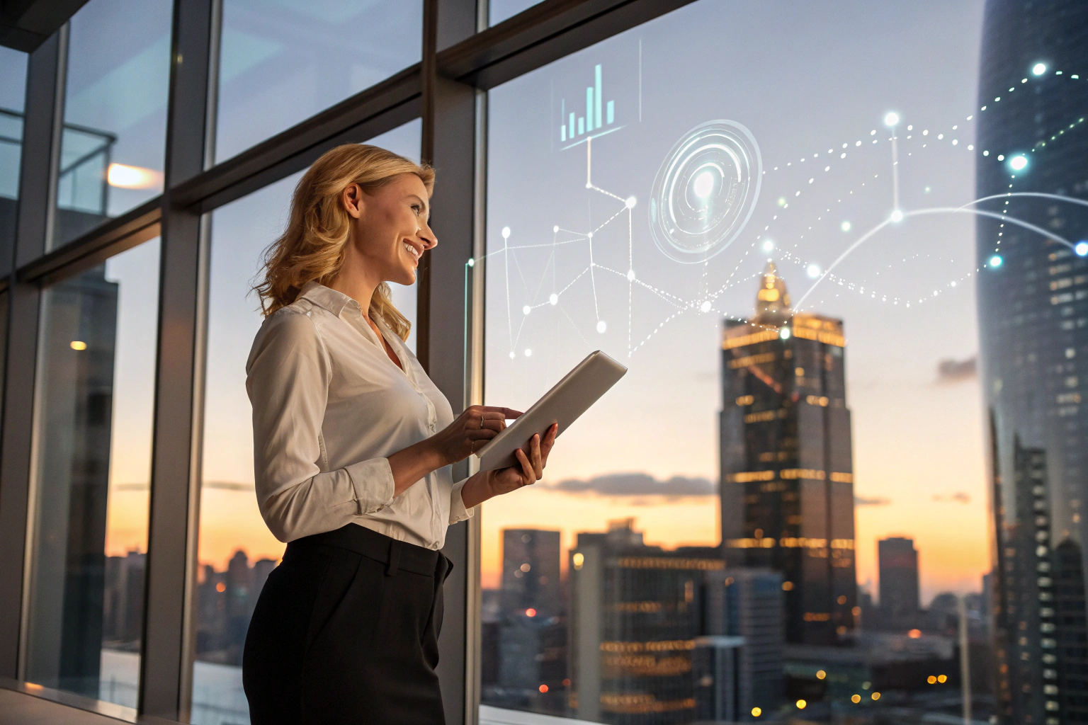 AI generated image by Red Panda AI: Eine selbstbewusste, attraktive Blondine in eleganter Business-Kleidung steht in einem modernen Büro mit einer großen Fensterfront, die eine Stadt-Skyline in der Dämmerung zeigt. Sie hält einen Tablet in der Hand. Die Umgebung strahlt Innovation aus, mit sanften Reflexionen futuristischer holografischer Daten-Elemente, die dezent im Hintergrund leuchten. Die Atmosphäre ist professionell und optimistisch, mit warmem Licht, das einen ausgewogenen Kontrast zwischen der Person und der lebendigen Stadtlandschaft draußen schafft.