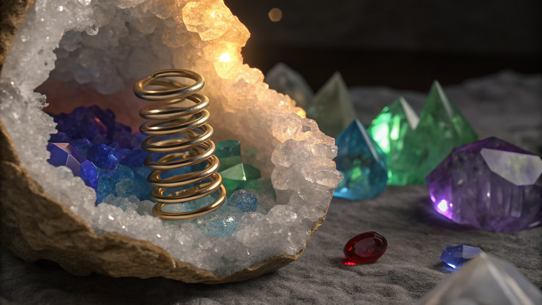 AI generated image by Red Panda AI: A tightly coiled spring nestled within a geode chamber, surrounded by emerging crystals of various colors and sizes. Blue and purple crystals rise prominently, their facets catching light from an unseen source, while smaller green and red formations develop alongside. A lustrous gold crystal glows with inner warmth near the edge, its brilliance casting subtle reflections. The metallic spring sits compressed at the center, a perfect metaphor for potential energy at rest, while shadows from all elements converge toward a single focal point. The entire formation rests on dark volcanic stone, the disparate elements connected yet distinct, each crystal growing at its own pace but part of the same geological story. A moment of balance and tension, captured just before the inevitable release.