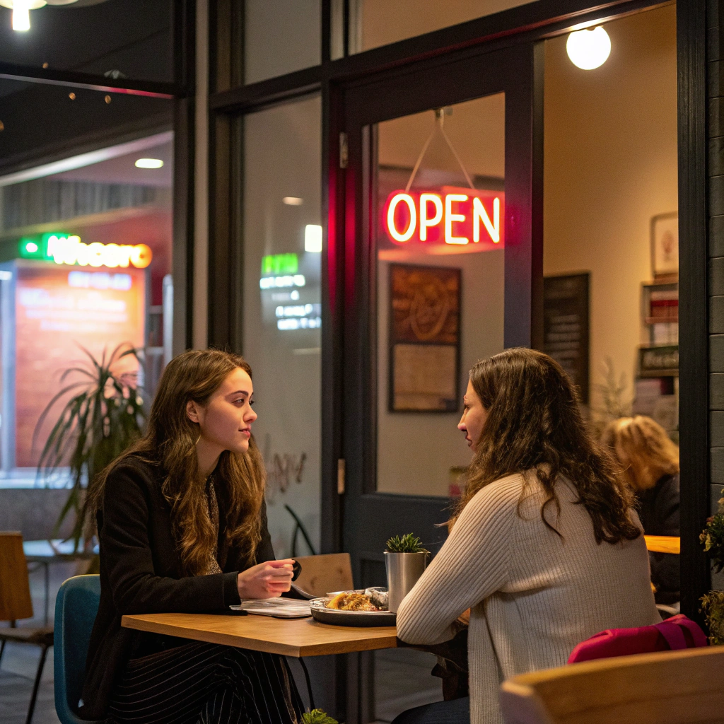 AI generated image by Red Panda AI: a hyperrealistic 4 k ultra-realistic photo of a pretty young woman talking with other entered woman in a nice cafe with an open neon sign in the door well lighted in a modern concept, cinematic style