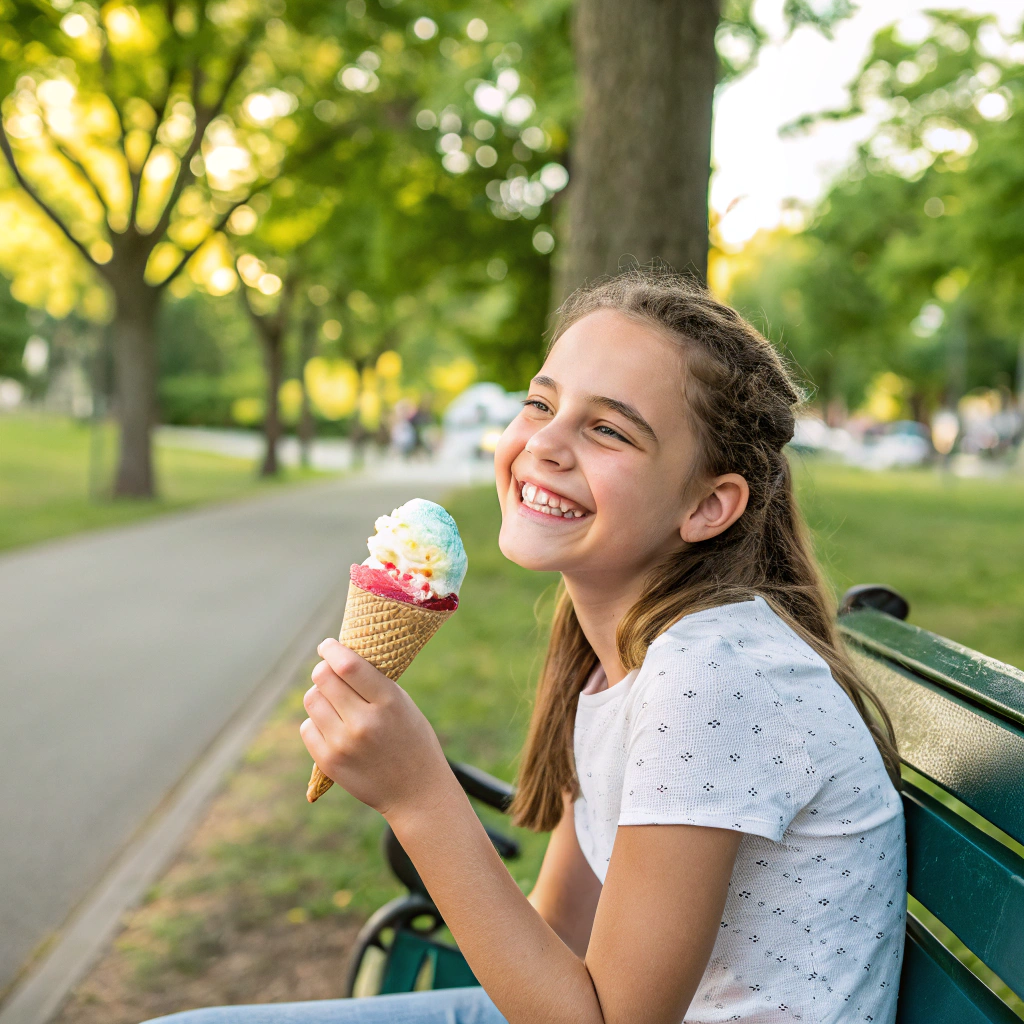 AI generated image by Red Panda AI: young teenage girl smiling at camera, while eating an ice cream sitting on a park bench