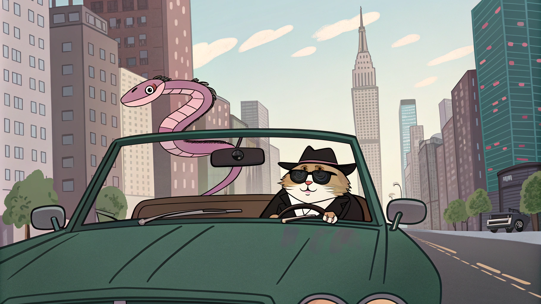 AI generated image by Red Panda AI: The camera is mounted on the hood of a dark green cabriolet, providing a straight-on view of a cartoon hamster in the driver’s seat. Dressed in a sleek black suit and sunglasses, he looks ahead with confidence, his paw reaching out to close the car door. Behind him, a hairy cartoon snake with pink stripes, a black cowboy hat, and a black blindfold is coiled menacingly on the back seat, wrapping around the hamster and squeezing tightly. Reflections of tall city skyscrapers and stylish pedestrians moving along the sidewalk can be seen on the polished windshield, adding a sense of motion and upscale urban ambiance. Sunlight glints off the hood, illuminating the intense scene as the hamster struggles against the snake’s grip, adding tension to the bustling city atmosphere around them.