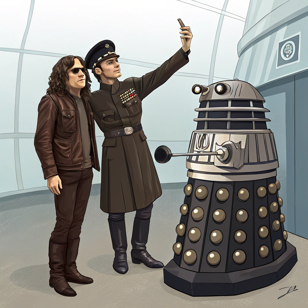 AI generated image by Red Panda AI: jim morrison  and mustafa  kemal taking a selfie with a Daalek
