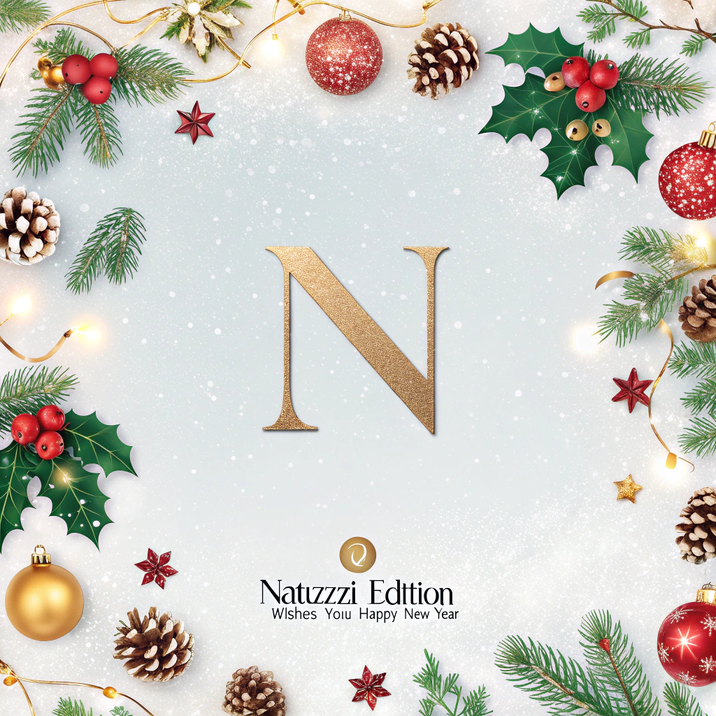 AI generated image by Red Panda AI: Create a winter-themed illustration with a snowy background and a festive New Year vibe. The corners of the image should feature Christmas decorations such as holly, pinecones, ornaments, and fairy lights. In the center foreground, place a bold, elegant letter 'N' in metallic gold, covered lightly with snow. Below the 'N', include the text 'Natuzzi Edition wishes you a Happy New Year' in a clean, modern font. Use a warm and inviting color palette with reds, greens, golds, and whites to evoke the holiday spirit.