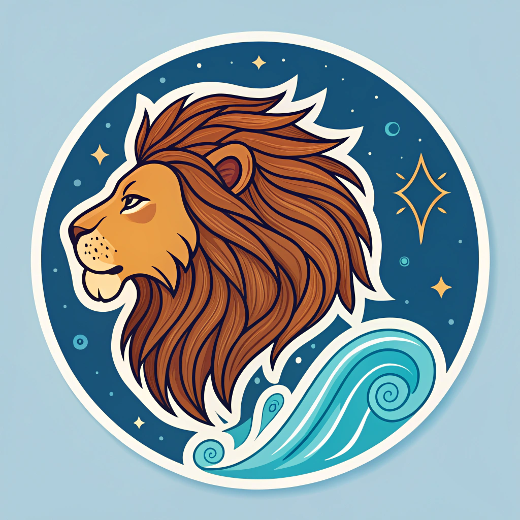 AI generated image by Red Panda AI: crea una imagen que pueda ser usada como sticker de una combinación del signo leo y acuario y acuario este con su signo de agua 