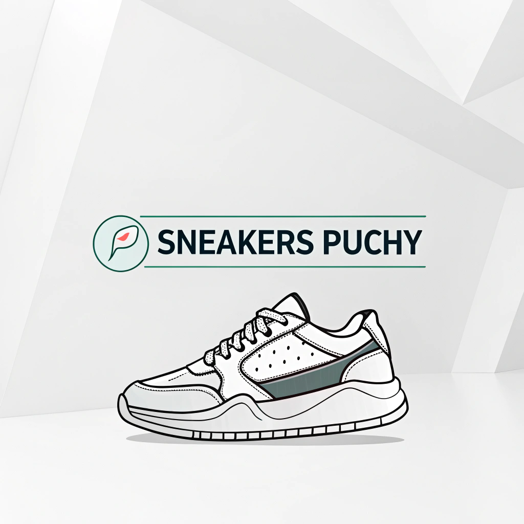 AI generated image by Red Panda AI: Minimalist and modern logo for a sneaker resell store called 'Sneakers Puchy'. The logo should feature a simple, sleek silhouette of a sneaker, with clean, elegant lines. Use neutral colors like black, white, or gray. The typography for 'Sneakers Puchy' should be a modern sans-serif font, clean and easy to read, reflecting exclusivity and sophistication. The overall design should convey modernity and elegance, with a subtle, minimalistic touch. The background should be plain or feature a light geometric element to keep the focus on the name."