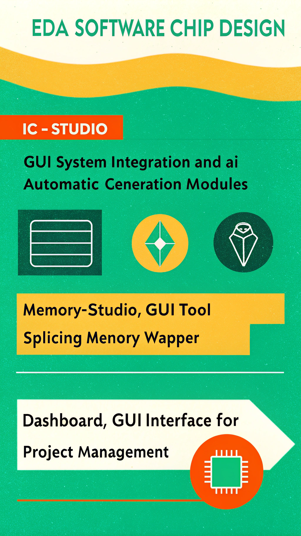 AI generated image by Red Panda AI: An advertising page that introduces EDA software for chip design, including:
1. IC-Studio, a GUI tool used for system integration and connection, can automatically generate system modules, as well as AI automatic generation modules
2. memory-studio, a GUI tool used to splice memory-wrapper
3. dashboard, the GUI interface used for project management