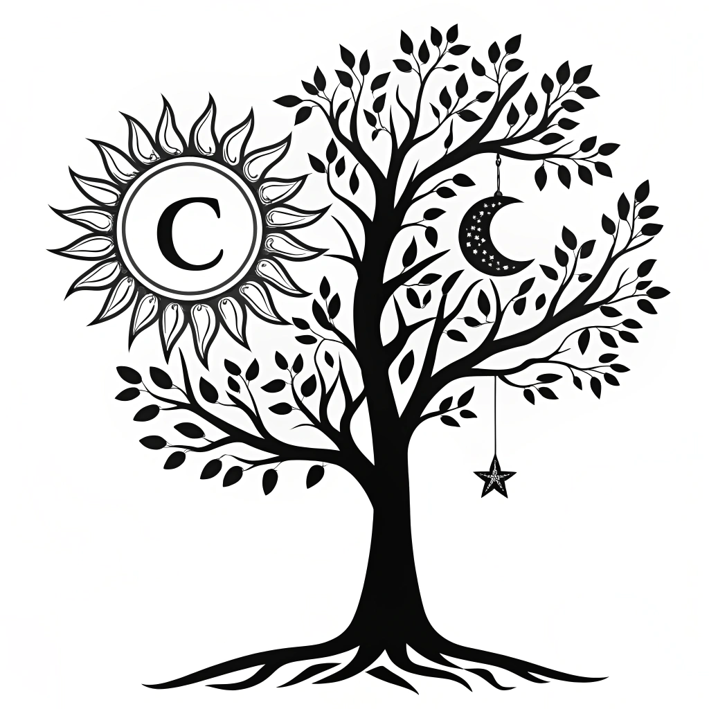 AI generated image by Red Panda AI: El árbol de la vida, donde en una de sus ramas cuelgue el sol con la letra "C" dentro del sol y en la otra rama que cuelgue la luna con la forma de una "D". El diseño debe ser minimalista y a blanco y negro, deben ser trazos firmes, sin rostros en la imagen.