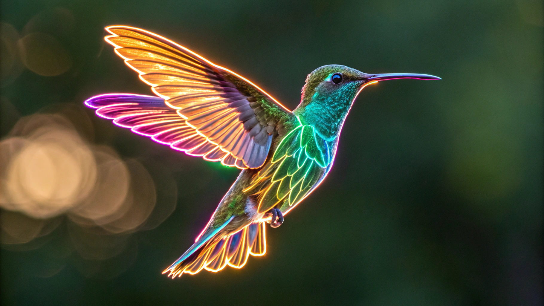 AI generated image by Red Panda AI: hummingbird made of neon frozen in flight by high-speed photography.  