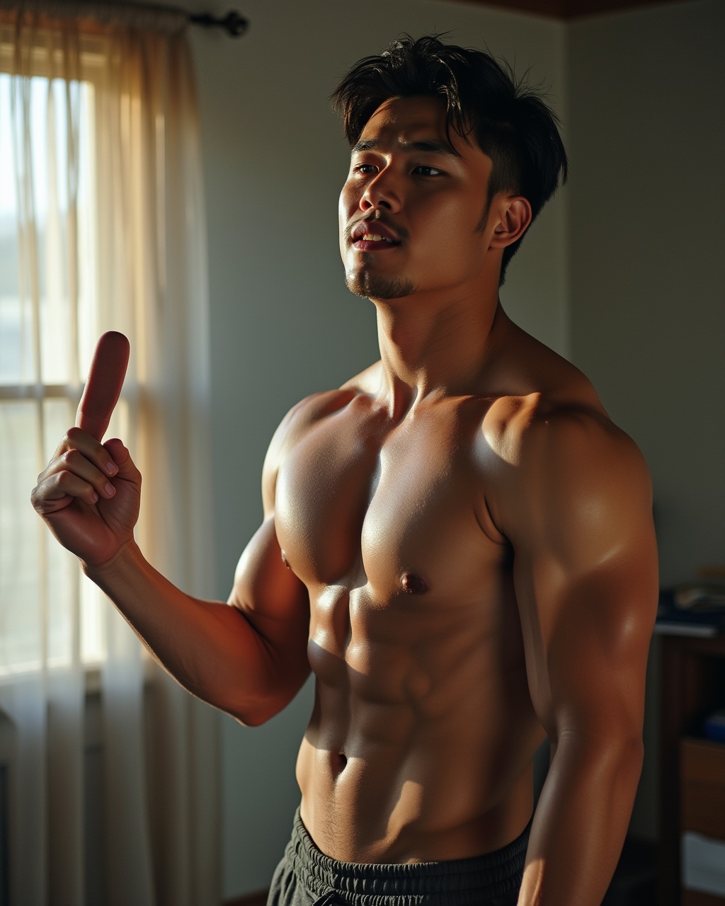 AI generated image by FLUX.1-pro: one naked asian muscle man with huge erect penis, nsfw