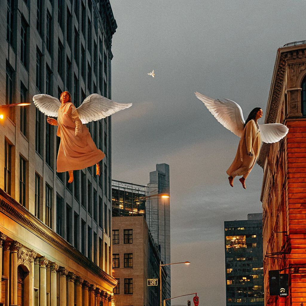AI generated image by Red Panda AI: angeles volando por la ciudad