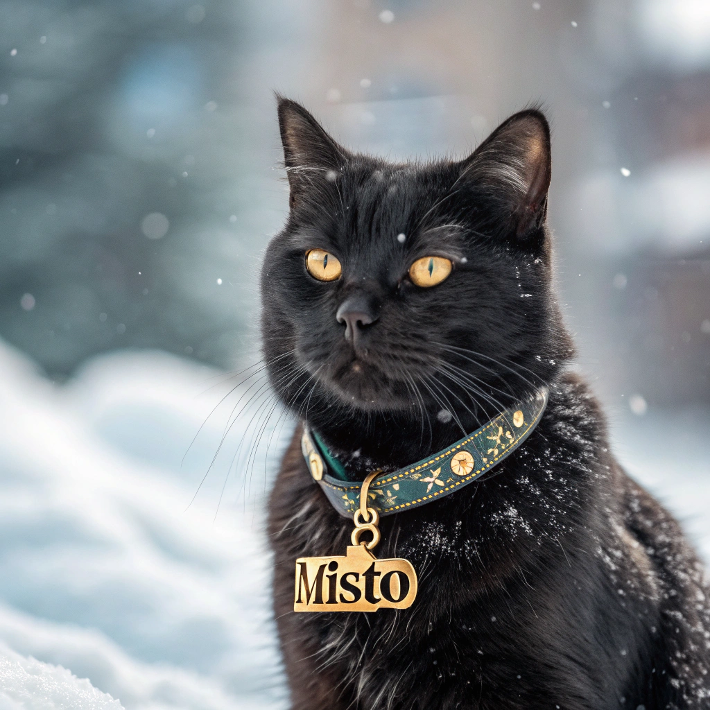AI generated image by Red Panda AI: A charismatic black Scottish Fold and tabby mix cat with beautiful fur, wearing a cool necklace with the name 'Misto' visible on it, sits confidently in the center of the image, gazing directly at the viewer. The background has a snowy atmosphere, adding to the charm and charisma of the cat.
