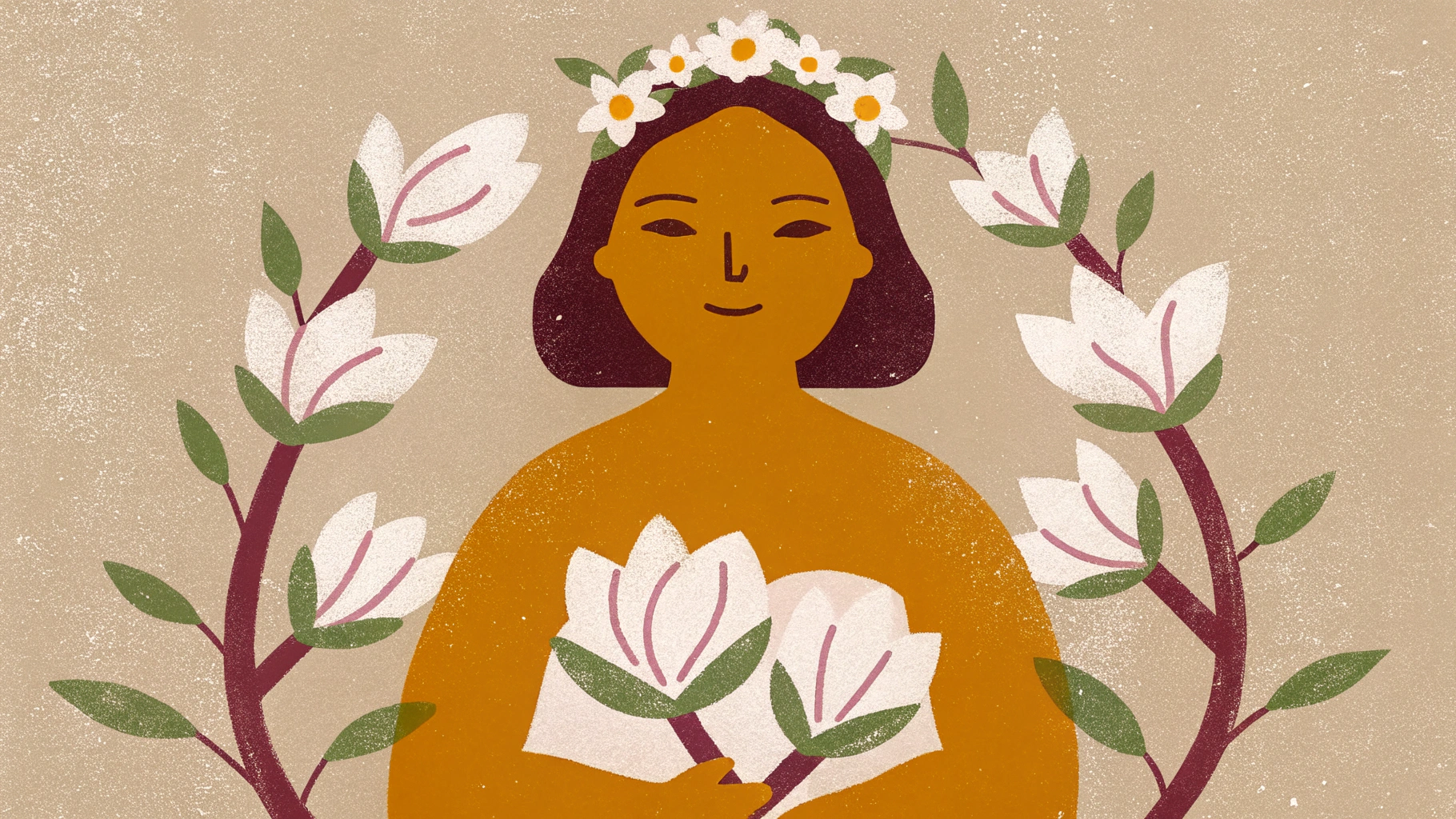 AI generated image by Red Panda AI: A midbody to head beautiful illustration of a beautiful woman with black medium long  hair with a small tiara of pink magnolia flowers and leaves on her head, she represents mother Earth as she huggs  the world  with love and tenderness in her arms as she smiles 