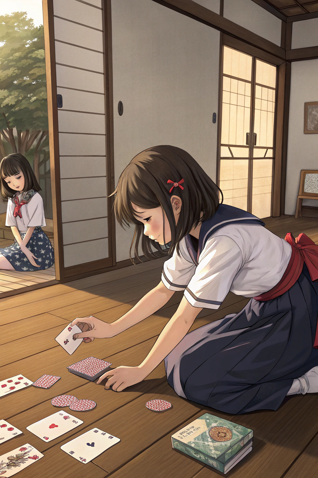 AI generated image by Recraft V3: 女の子が競技かるたの試合をしている風景のイラスト。アニメ調で