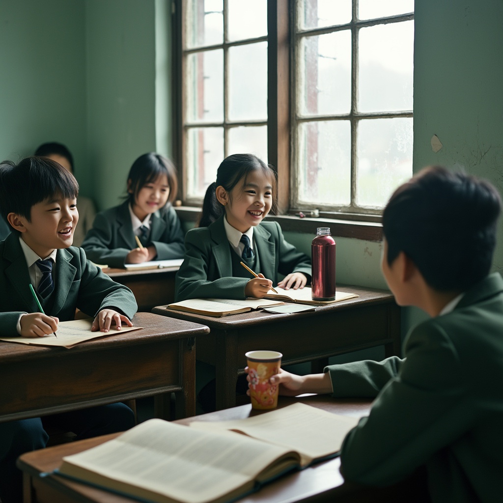 AI generated image by FLUX.1-pro: The Classroom of Old Days, 2000s, Asia, winter. Frosted windows frame wooden desks, ink stains and worn textbooks. Clusters of children in layered uniforms, laughter mingling with whispers of warmth. The scent of hot tea from thermoses fills the chilly air, echoing friendship and nostalgia.