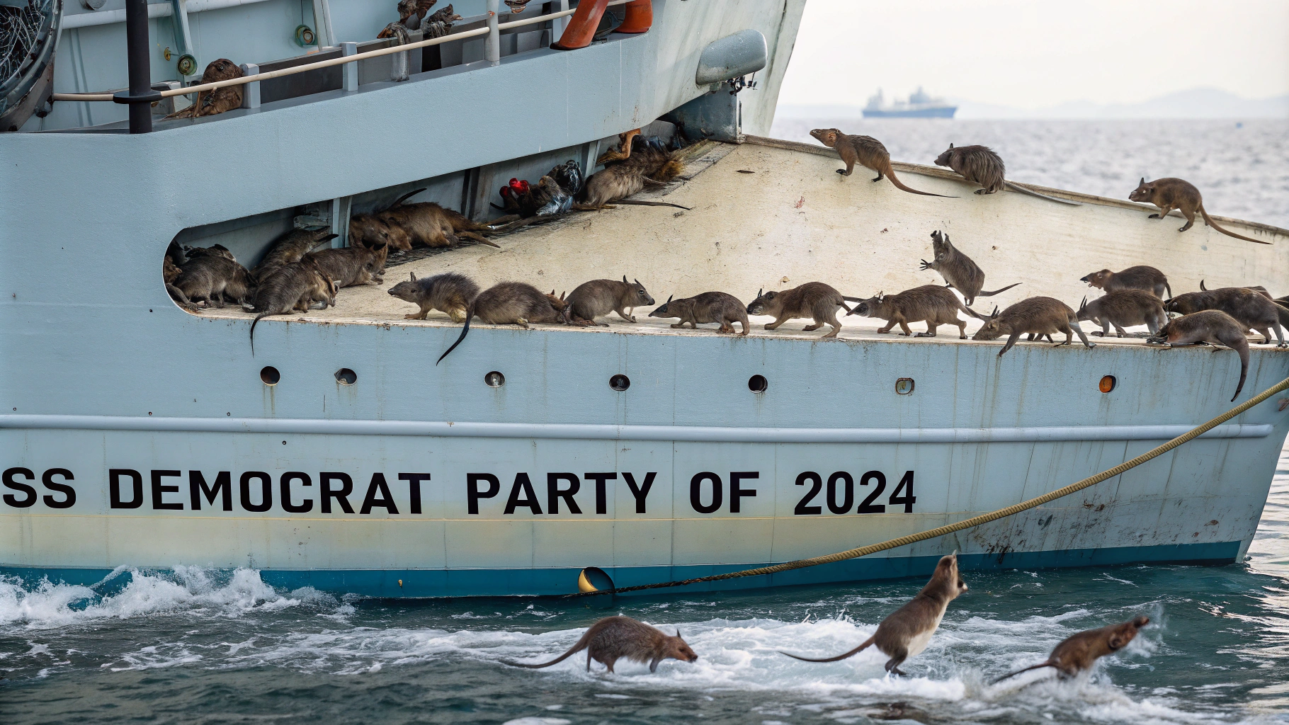 AI generated image by Red Panda AI: many rats jumping off a sinking ship.  the ship is named "SS DEMOCRAT PARTY OF 2024"
