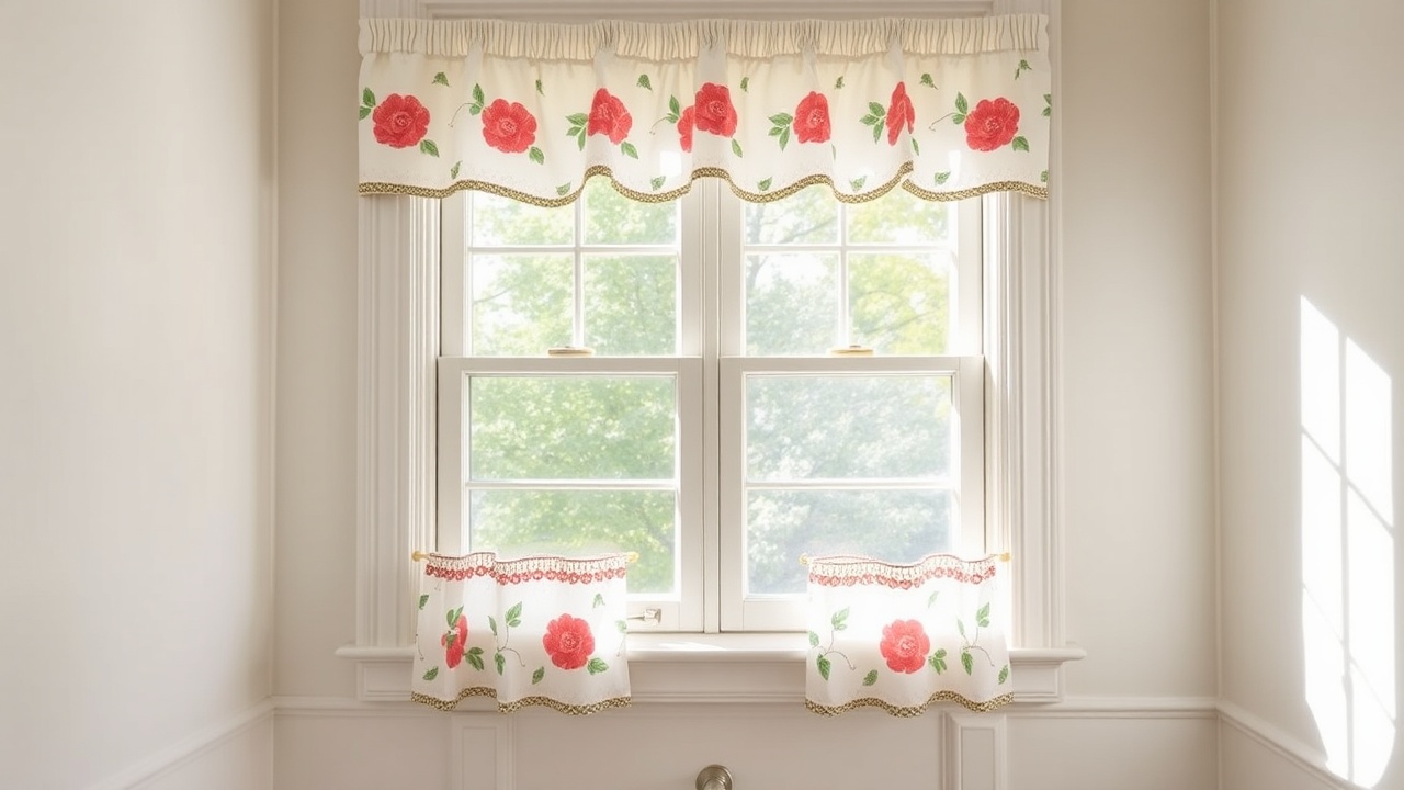 AI generated image by FLUX.1-schnell: a bathroom window with cheery cafe curtains covering only the lower half of the window. hang a small valance at the top of the window frame