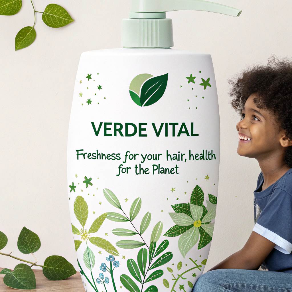 AI generated image by Red Panda AI: Necesito crear un slogan para shampoo de nombre "Verde Vital" con el lema "Frescura para tu cabello, salud para el planeta". Ten en cuenta que esta imagen será presentada para un grupo escolar de niños de 8 años de edad y debe guardar estrecha relacion con el cuidado del planeta