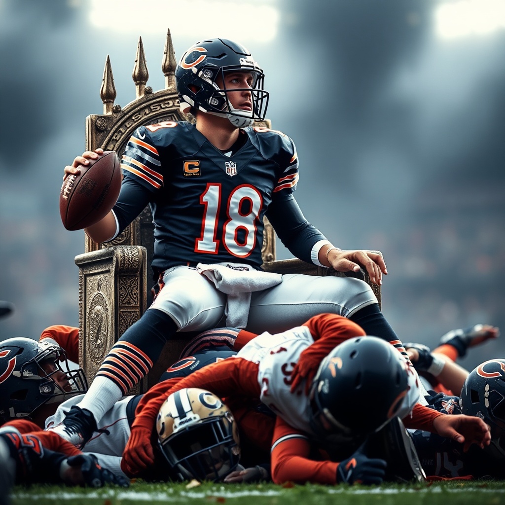 AI generated image by FLUX.1-schnell: Bears QB Caleb Williams 18 sitting on the NFC north throne atop the broken bodies of his opponents