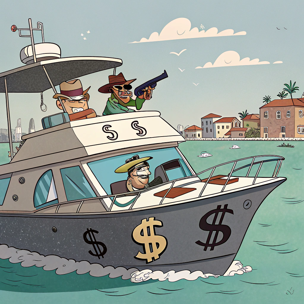 AI generated image by Red Panda AI: Un barco de una mafia. Formato dibujos animados y una imagen muy satírica 