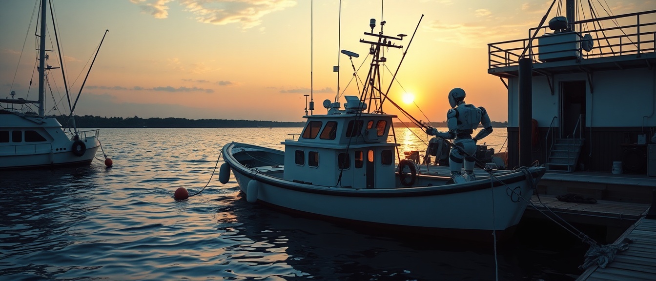 AI generated image by FLUX.1-schnell: Image of a shrimping boat leaving dock. Boat is being manned by robotic fisherman. Setting is Dockside at sunrise. Realistic details. High saturation of color.