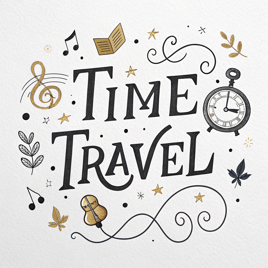 AI generated image by Red Panda AI: Time Travel calligraphy on a white background. Font: Playfair Display-like serif. Decorate the letter shapes with stopwatch and musical note motifs, using each decoration only once for a clean design. Create it as flat text. Use black lettering. Do not use shadows.