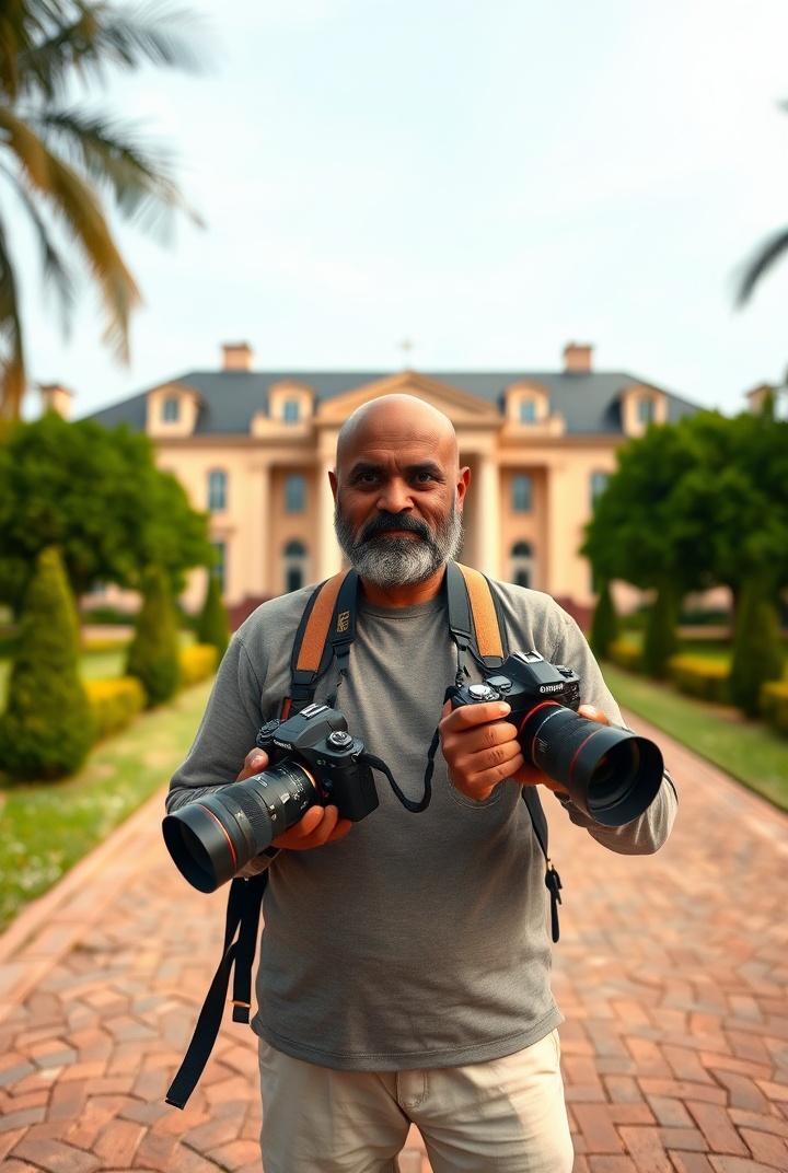AI generated image by FLUX.1-schnell: a realistic photo of an Indian photographer holding two DSLR cameras, bearded and bald, standing in front of a mansion