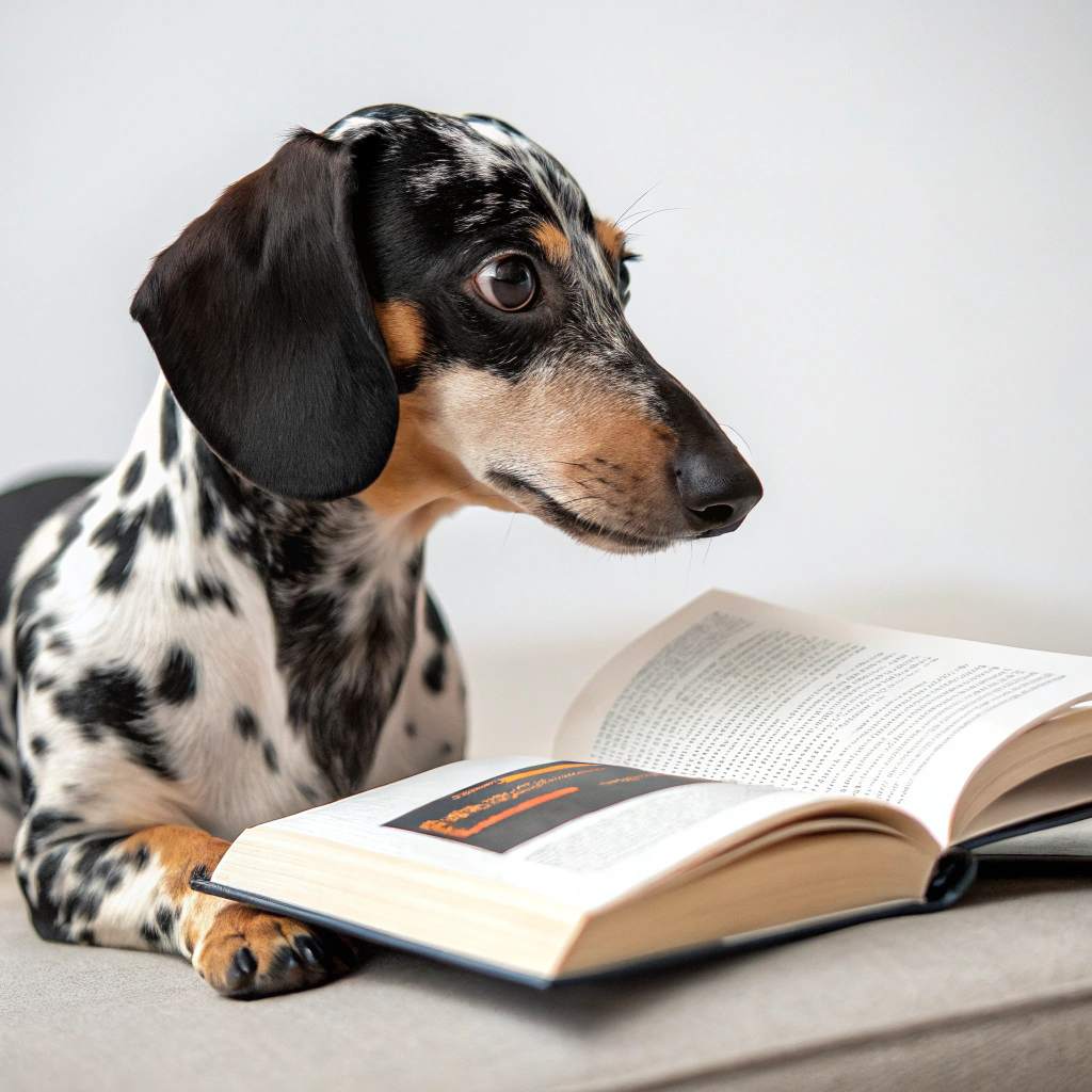 AI generated image by Red Panda AI: Crea una perro con colores de una vaca blanco y negro, su raza es runa pero tiene apecto de ser un perro salchicha, su pelo es liso, esta feliz porque esta leyendo y esta perfil mirando a la camara.