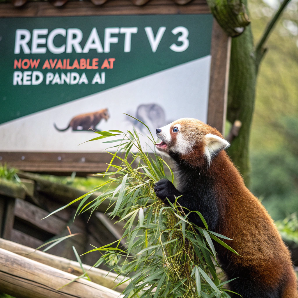 AI generated image by Red Panda AI: a red panda eating a bamboo in front of a poster that says "recraft V3 now available at red panda ai