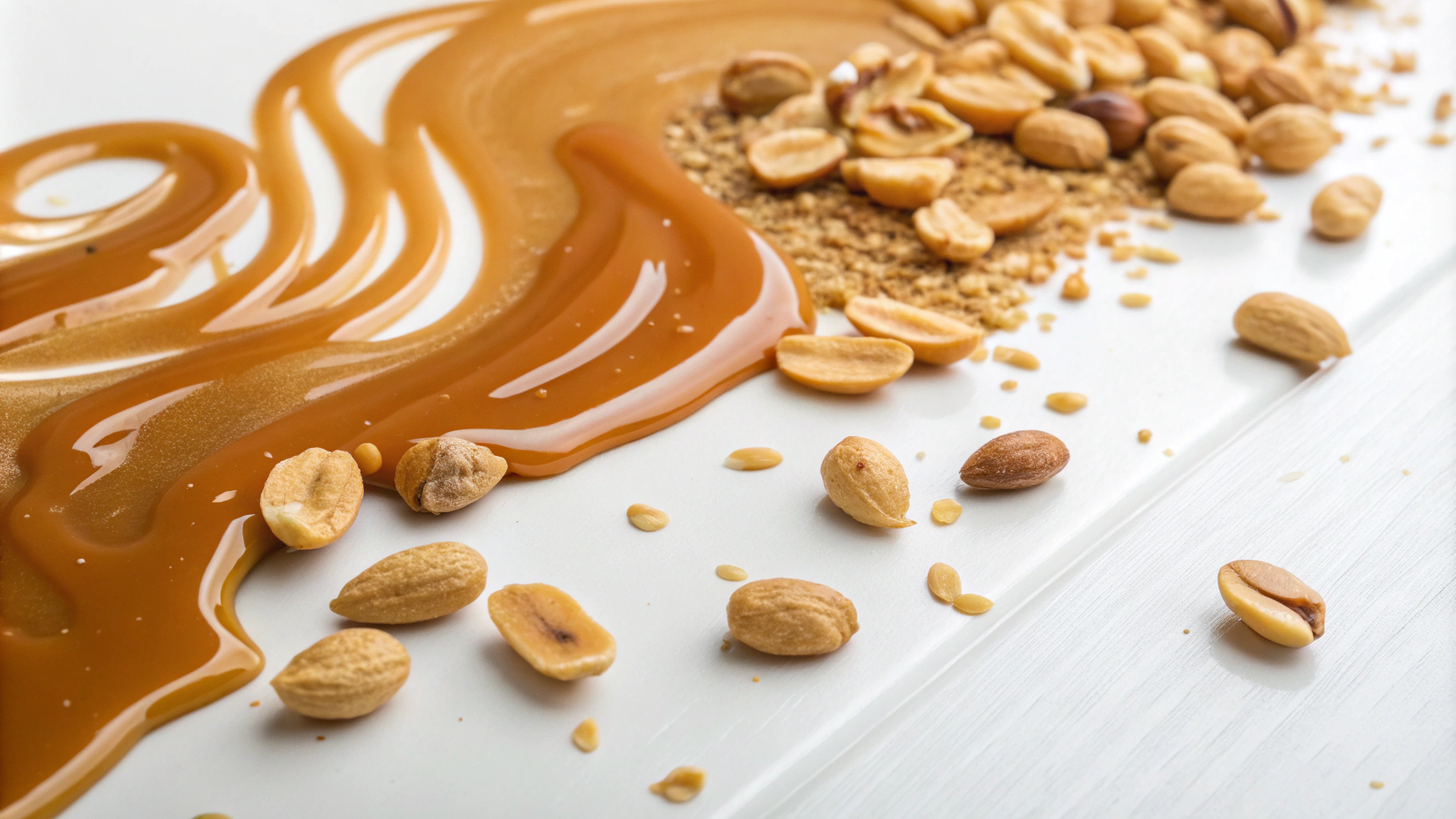 AI generated image by Red Panda AI: liquid wave of caramel with some peanuts mixed inside. the caramel is poured over a white table.