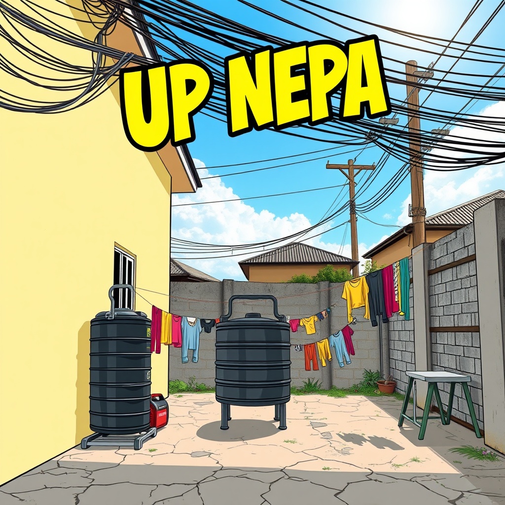 AI generated image by FLUX.1-schnell: {
  "prompt": "Digital comic illustration for a profile picture. A bright, sunlit Nigerian middle-class compound yard. Partial view of a faded cream bungalow and a two-story block flat. A prominent black plastic water tank (GP tank) on a metal stand. Colourful clothes hang on a washing line strung across the yard. A small red 'I pass my neighbour' generator sits near a wall. Above the back compound wall, a dense tangle of black electrical wires crisscrosses against a bright blue sky, leading to a wooden NEPA pole visible just outside. Cracked concrete ground. The title 'UP NEPA' is overlaid in a bold, slightly uneven, bright yellow comic font at the top center. Clean lines, vibrant colours, friendly comic style.",
  "negative_prompt": "photorealistic, photograph, 3D render, blurry, low quality, messy, overly complex, slums, poverty, fancy mansion, minimalist",
  "style_raw": "clean comic art",
  "aspect_ratio": "1:1"
}