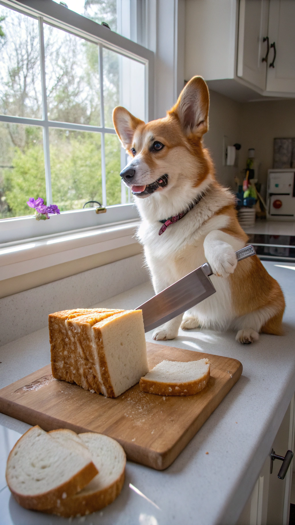 AI generated image by Red Panda AI: anthropomorphic corgi gripping a bread knife with one paw and slicing into a solid loaf of bread. Nearby are slices of bread. Corgi is standing in an american suburban kitchen during the day. 