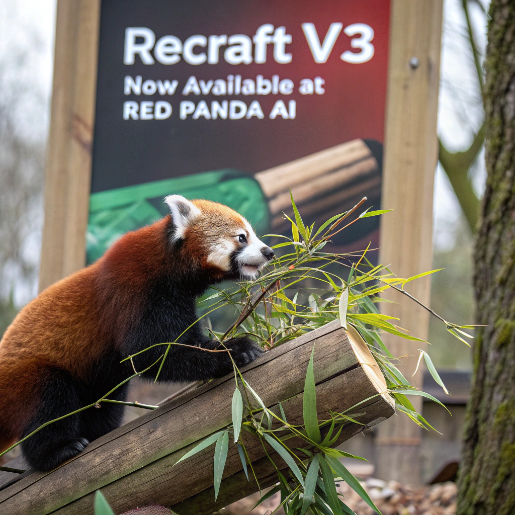 AI generated image by Red Panda AI: a red panda eating a bamboo in front of a poster that says "recraft V3 now available at red panda ai