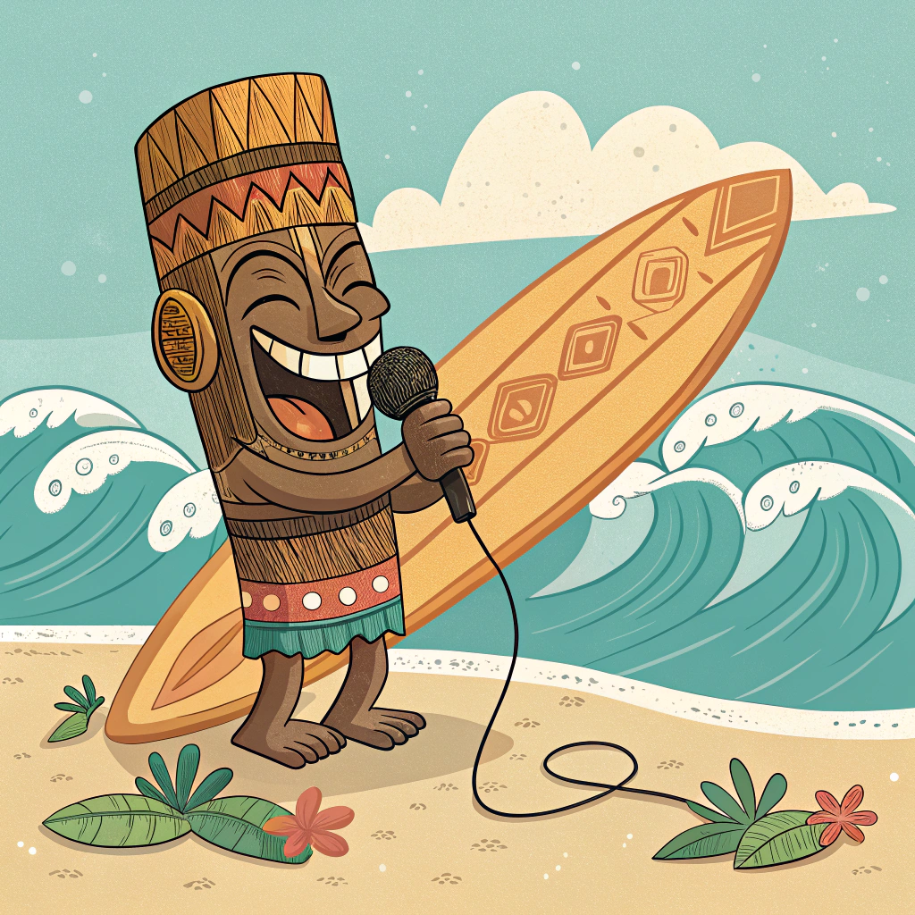 AI generated image by Red Panda AI: Tiki agarrando un micrófono sobre tabla de surf 