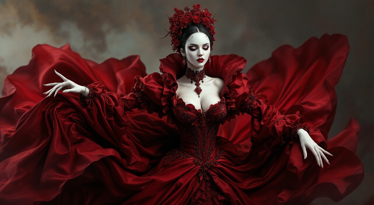 AI generated image by FLUX.1-pro: Visual Design: An elegant, terrifyingly beautiful noblewoman dressed in an extravagant, billowing crimson Victorian gown. However, her entire lower jaw, throat, and right arm have been replaced with cold, white, unblinking porcelain prosthetic structures. When she activates her power, invisible spatial limbs sprout from her back like a spider.