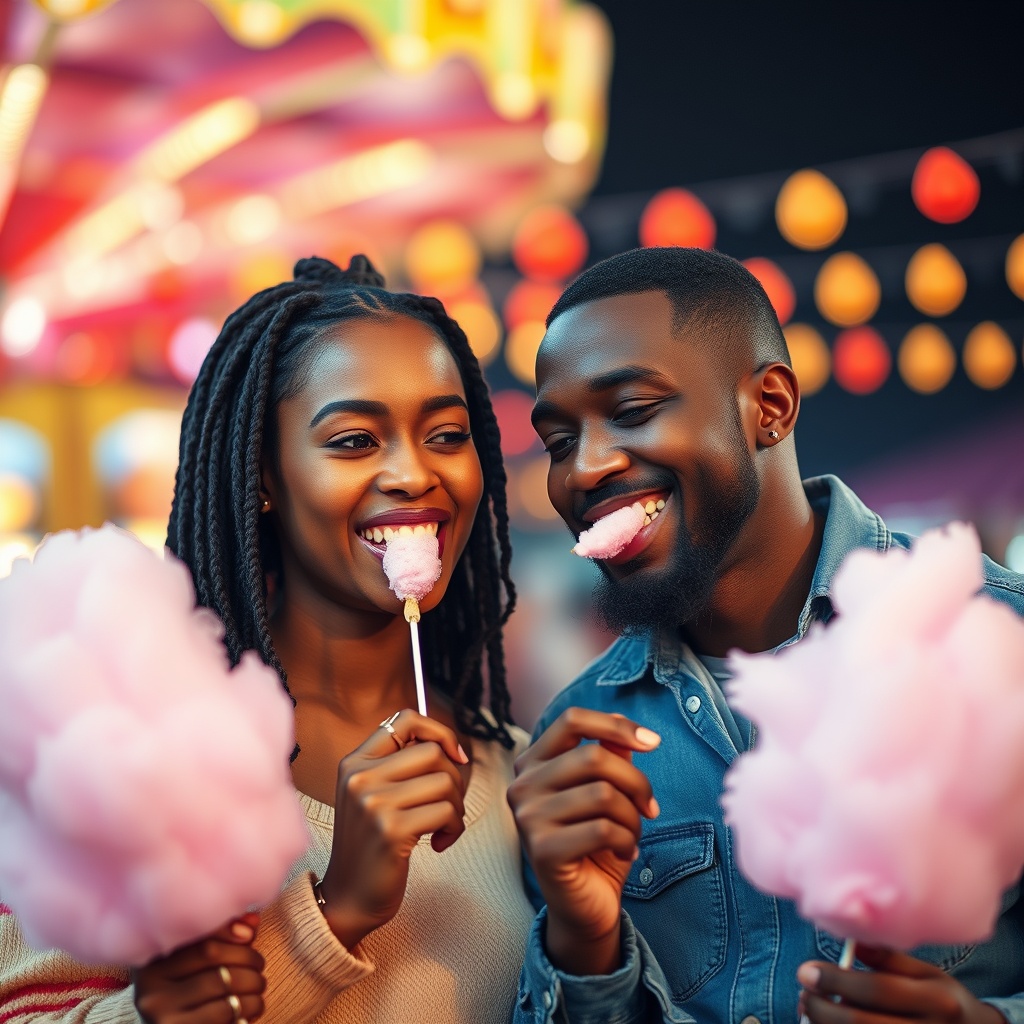 AI generated image by FLUX.1-schnell: Please create me a realistic looking picture of a happy looking couple with African roots. The couple is sharing one candy floss at a funfair. They are eating it together. This means that neither of their mouths can be seen. The colourful lights of the fairground are blurred in the bac.