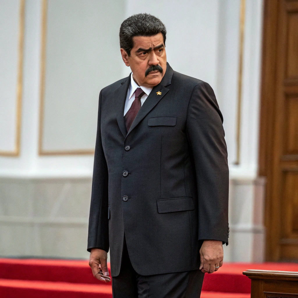 AI generated image by Red Panda AI: nicolas maduro de venenzuela con traje parado y asustado
